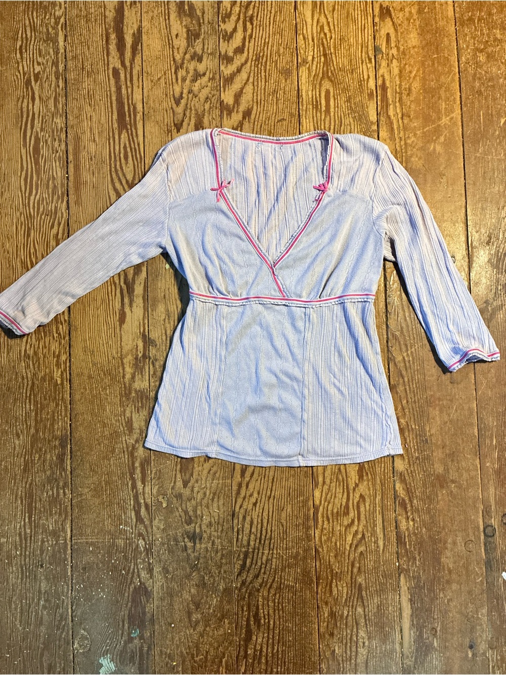 DKNY Light Blue Long Sleeve V-Neck Top with Pink Trim